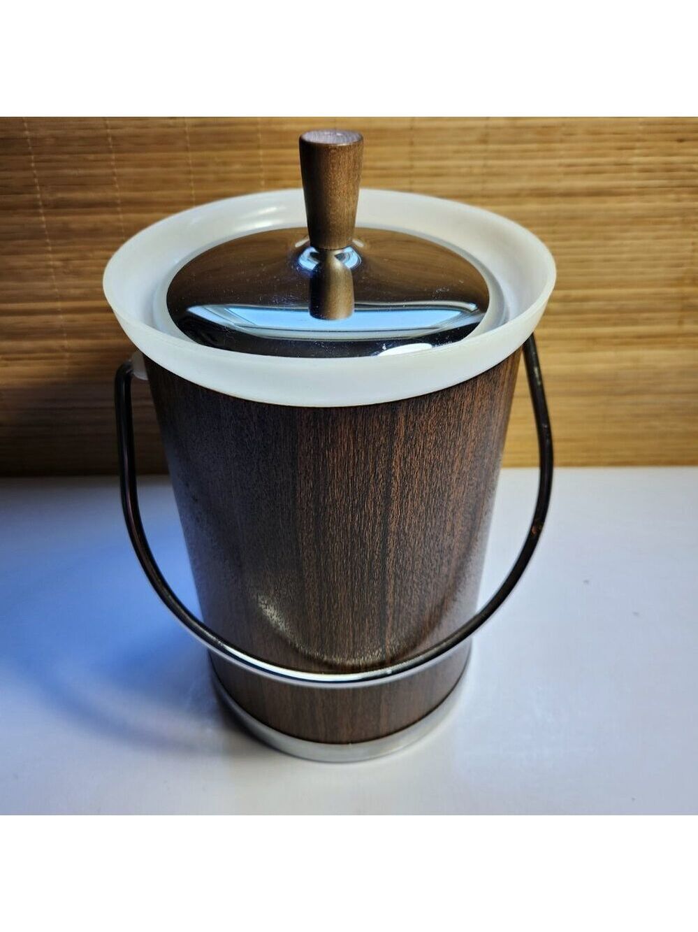 Vintage 1960s Kromex Chrome Walnut Ice Bucket Mid Century Modern Wood Handle Bar